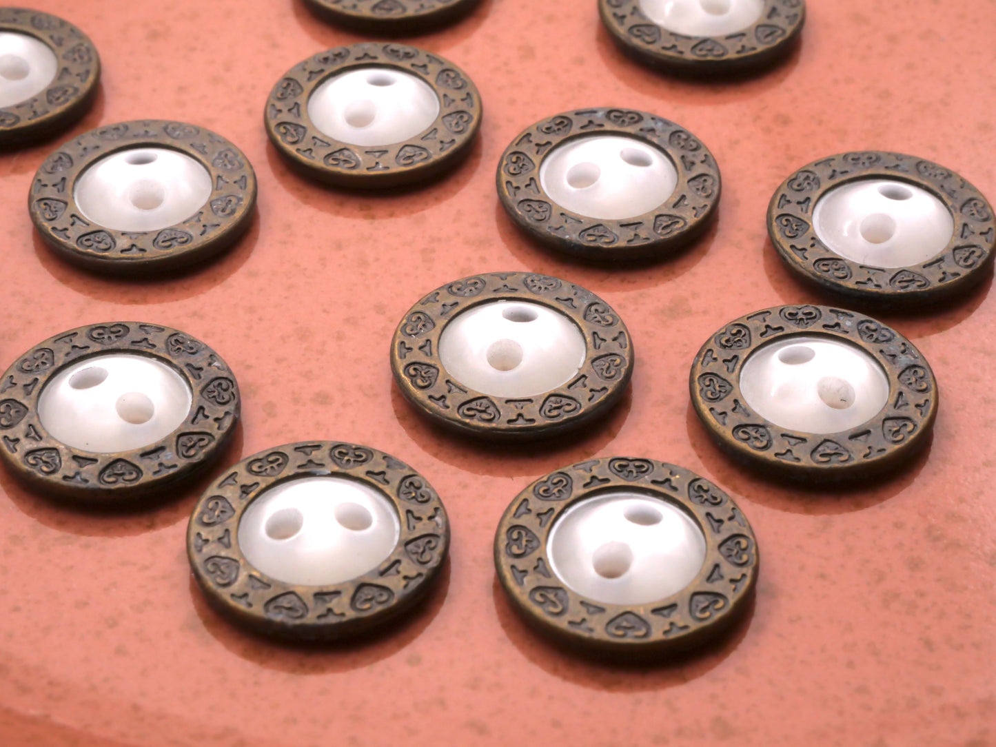 Pearlized White Buttons with Heart Pattern Metal Frame 15mm