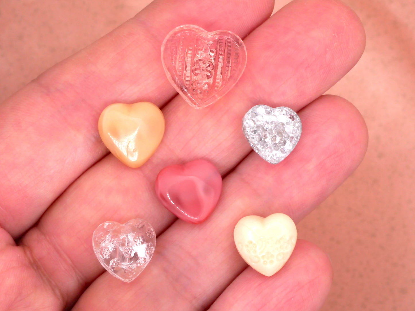 Glass Hearts Pink Ivory Clear Sparkle Buttons Set of Six 11-16mm