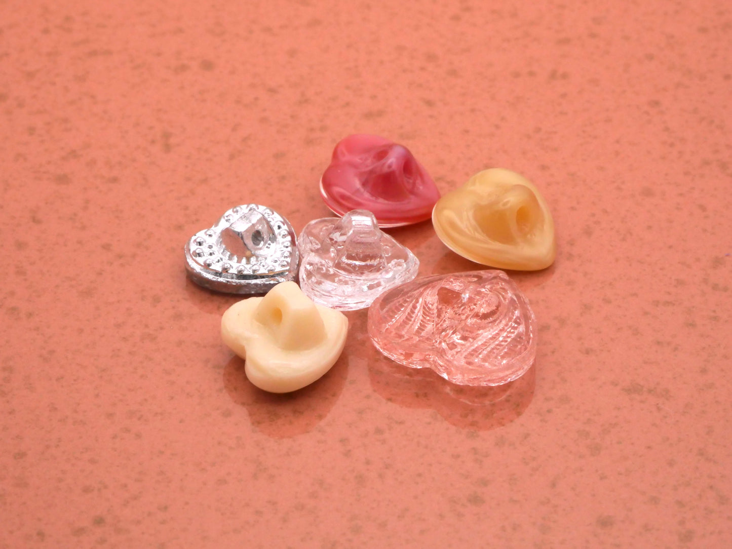 Glass Hearts Pink Ivory Clear Sparkle Buttons Set of Six 11-16mm