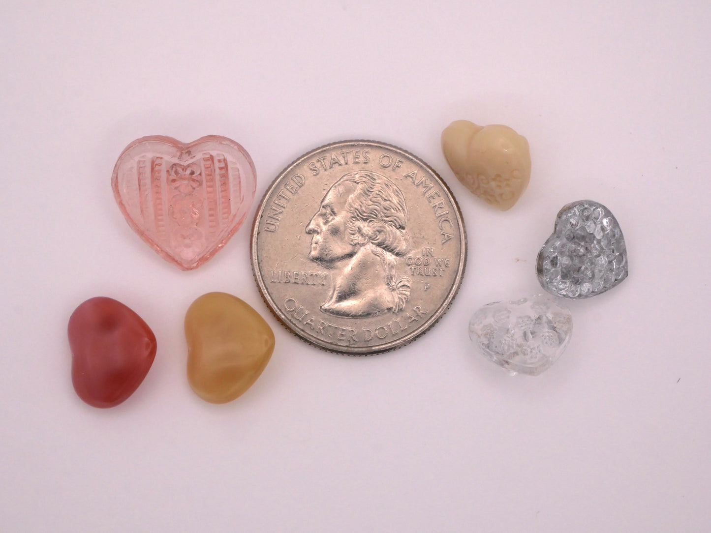 Glass Hearts Pink Ivory Clear Sparkle Buttons Set of Six 11-16mm