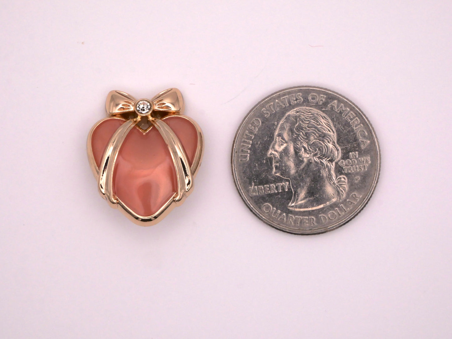 Peachy Pink Heart Gold Bow Metal Button 19x23mm