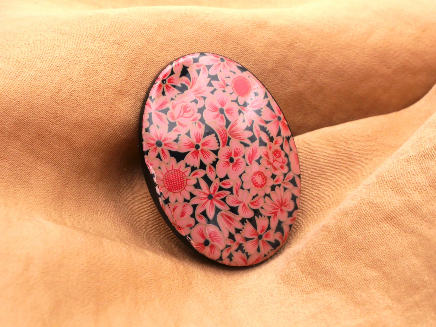 Pink Red Flowers Decal Button Large Vintage Plastic 29x40mm