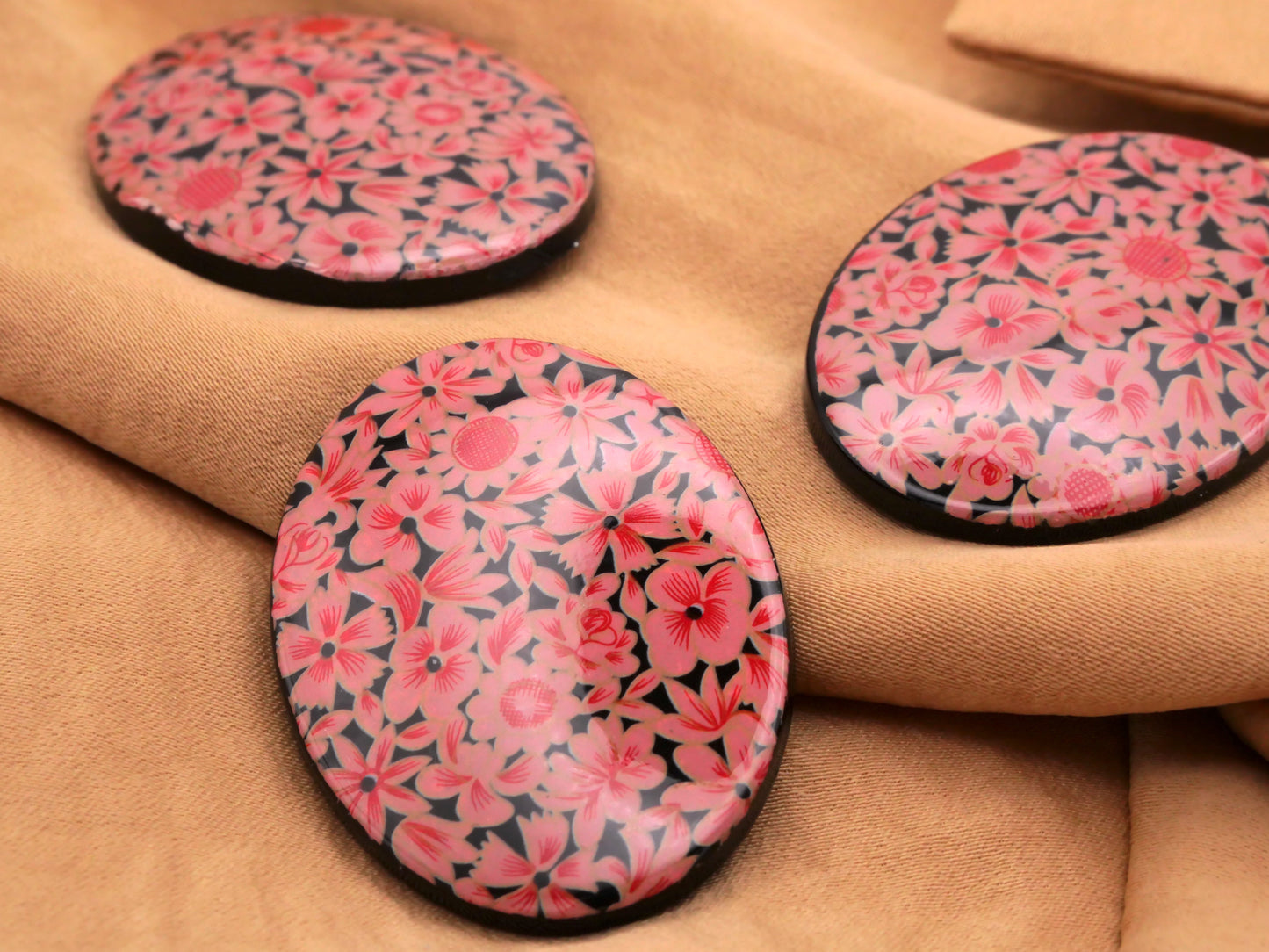 Pink Red Flowers Decal Button Large Vintage Plastic 29x40mm