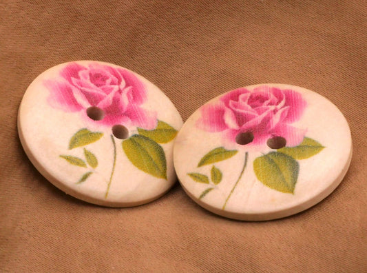 Pink Rose Wood Buttons Set of Two 25mm