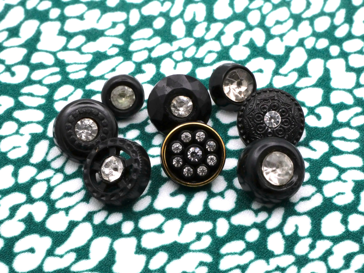 Rhinestone Plastic Buttons Black White Set of Eight Various 9-19mm