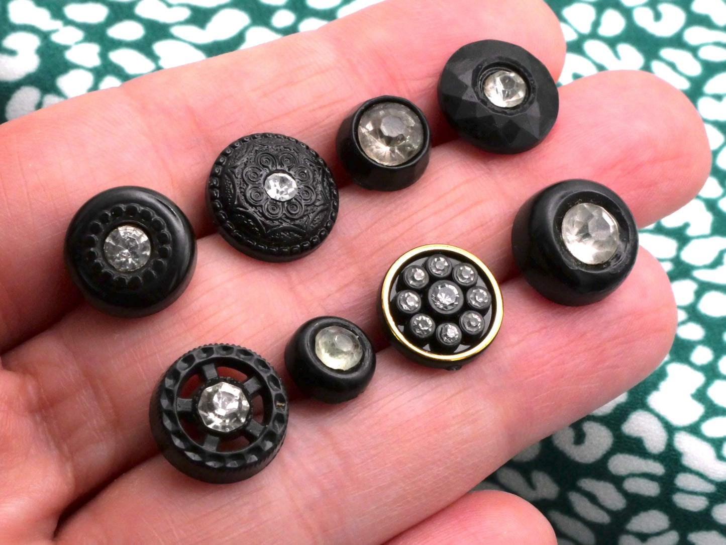 Rhinestone Plastic Buttons Black White Set of Eight Various 9-19mm