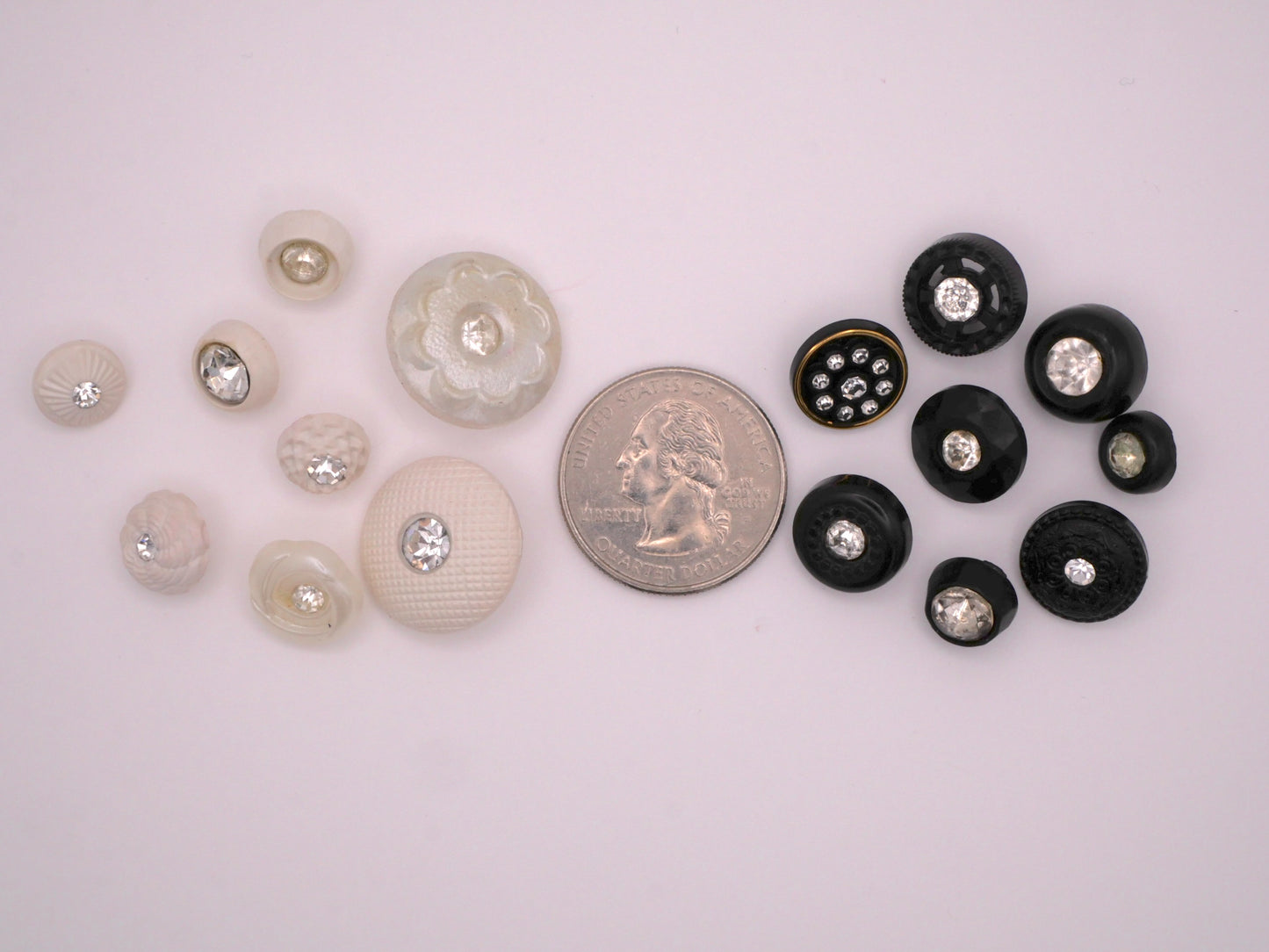 Rhinestone Plastic Buttons Black White Set of Eight Various 9-19mm