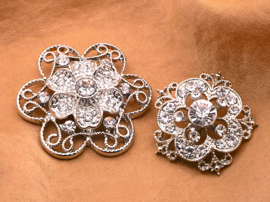 Rhinestone Filigree Flower Silver Metal Clear Glass Button Various 29-39mm