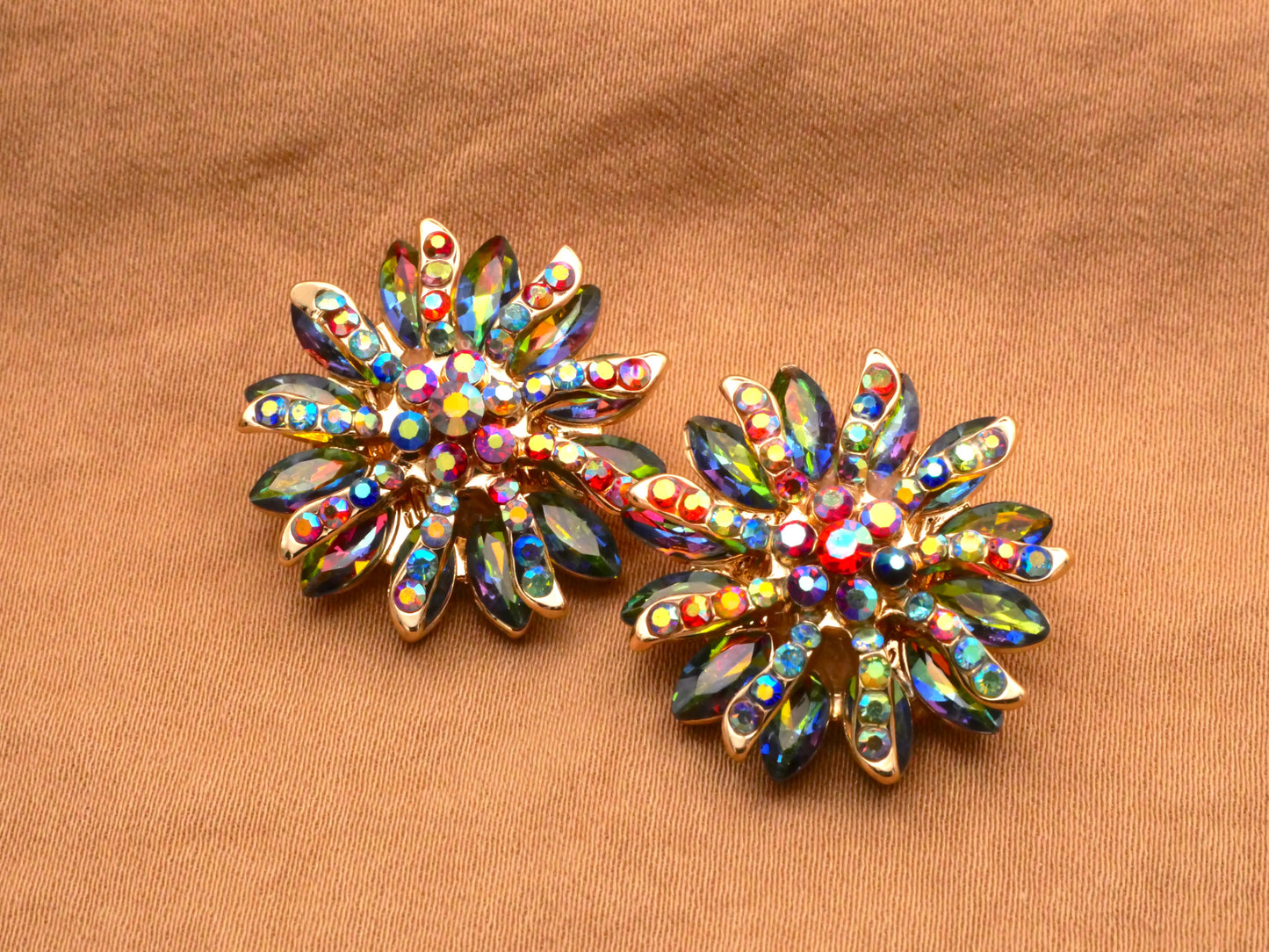 Rhinestone Colorful Flower Iridescent Jewel Tones Gold Metal Button 22mm