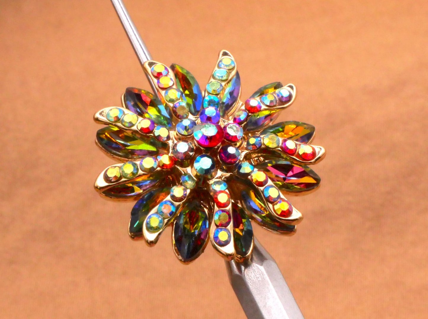 Rhinestone Colorful Flower Iridescent Jewel Tones Gold Metal Button 22mm