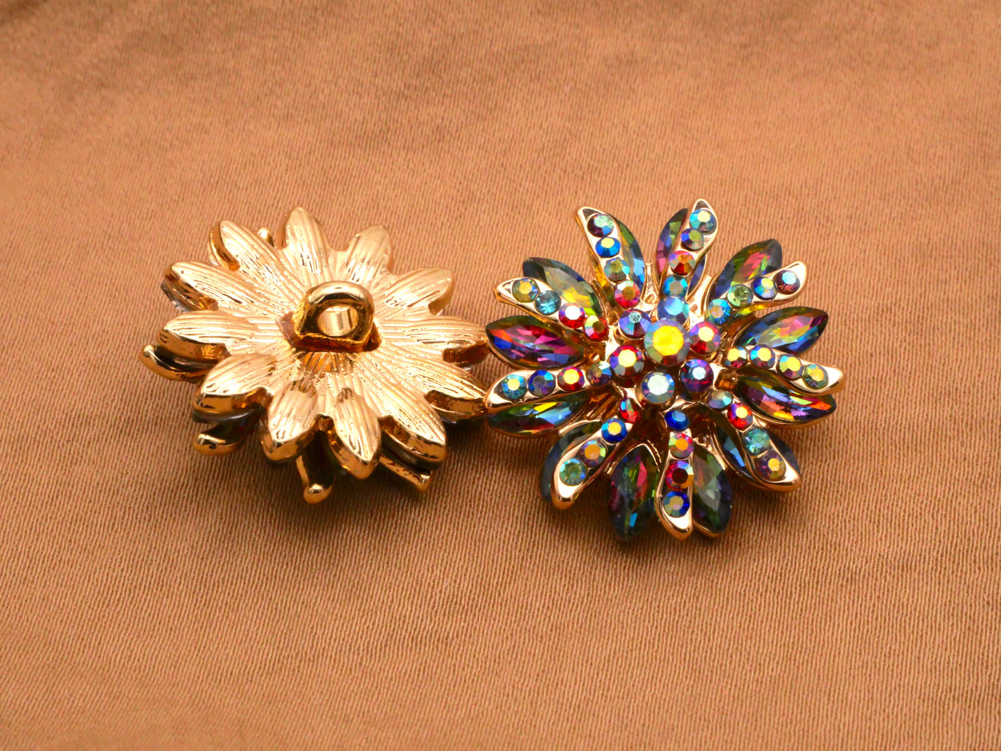 Rhinestone Colorful Flower Iridescent Jewel Tones Gold Metal Button 22mm