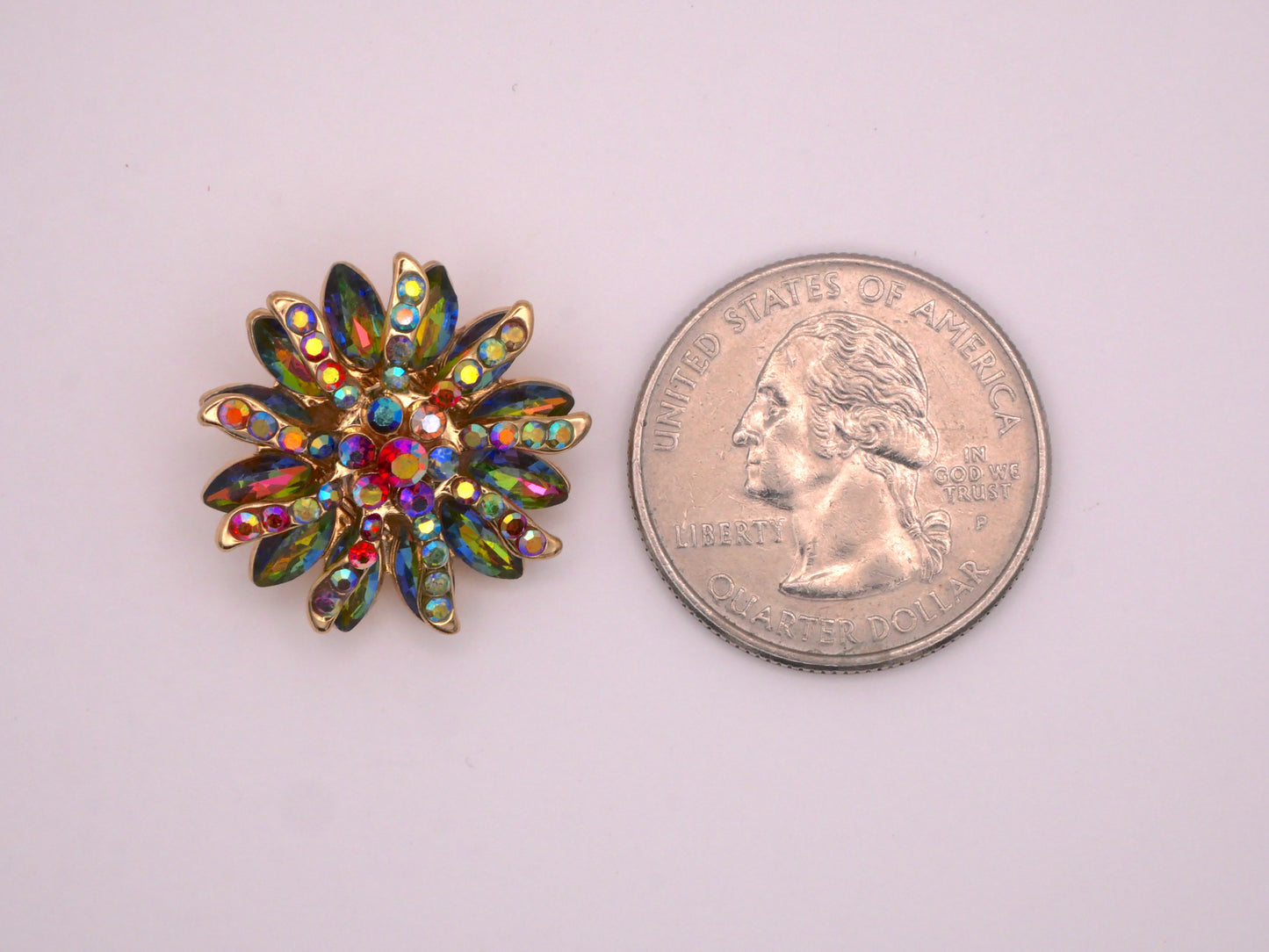 Rhinestone Colorful Flower Iridescent Jewel Tones Gold Metal Button 22mm