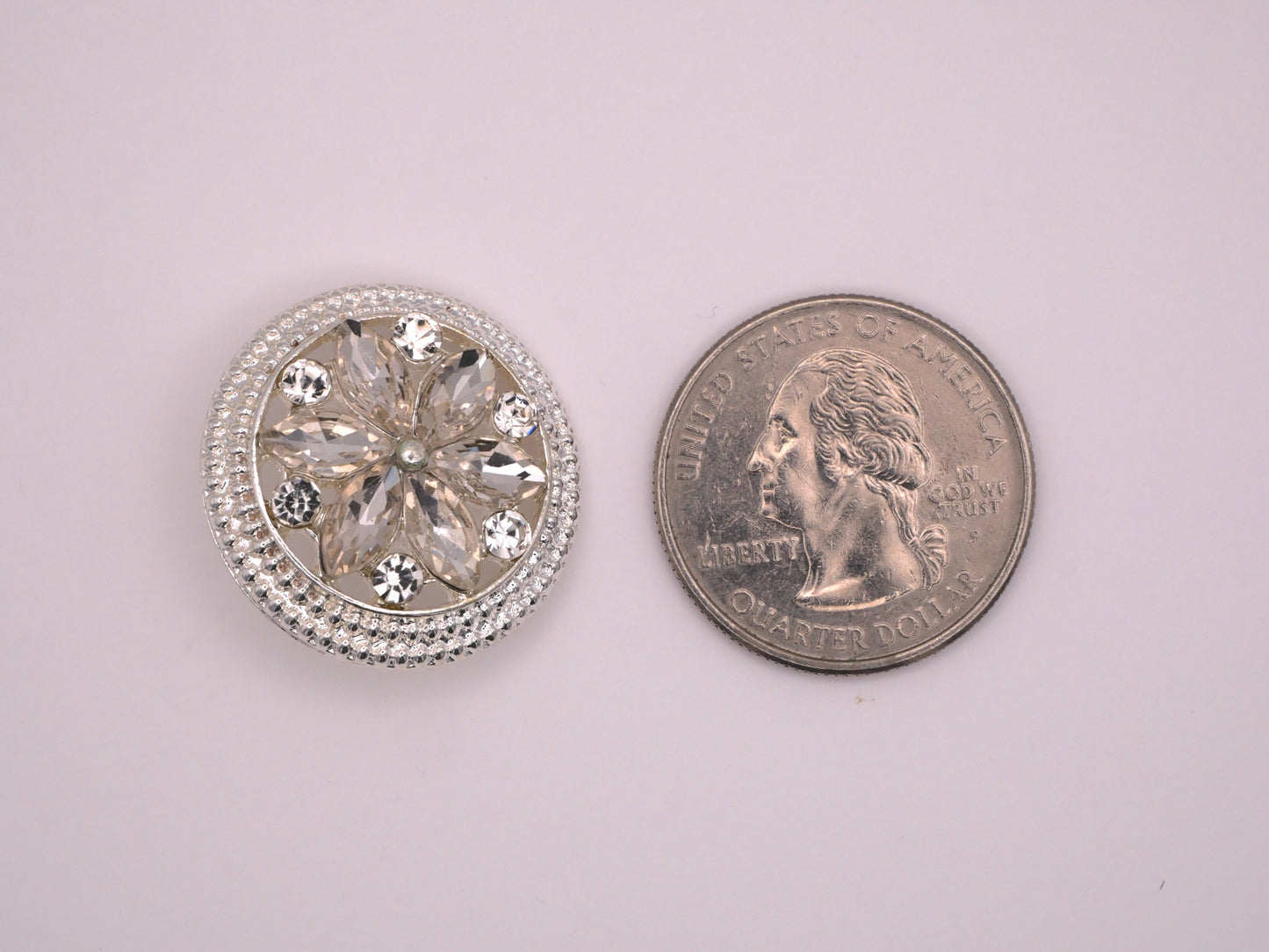 Rhinestone Flower Snowflake Circle Silver Metal Button 25mm