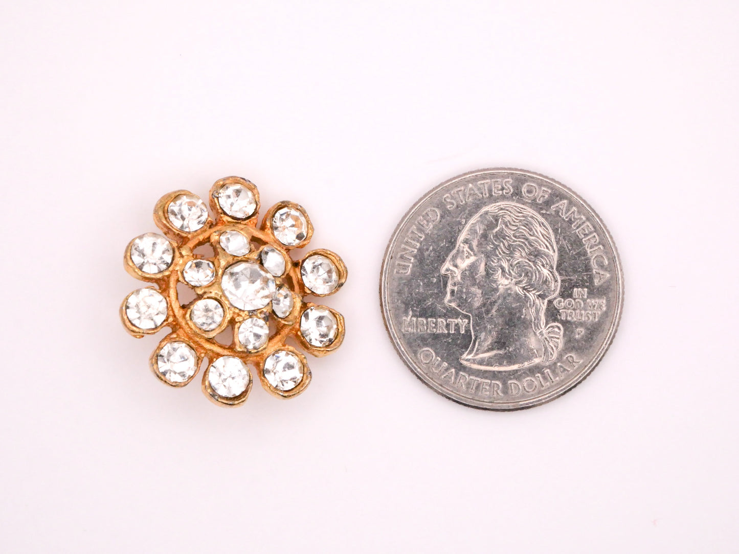 Flower Center Rhinestone Gold Metal Vintage Button 23mm