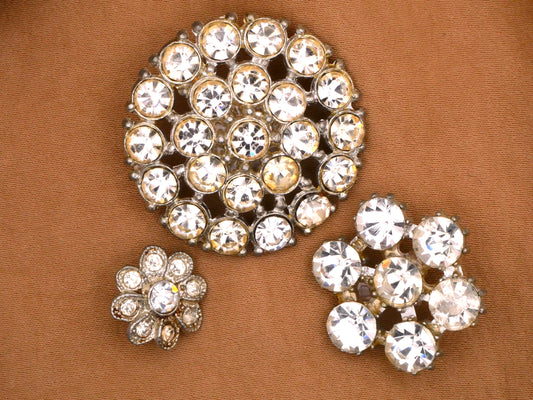 Rhinestone Set Three Circle Flowers Vintage Glass Metal Buttons 14-33mm