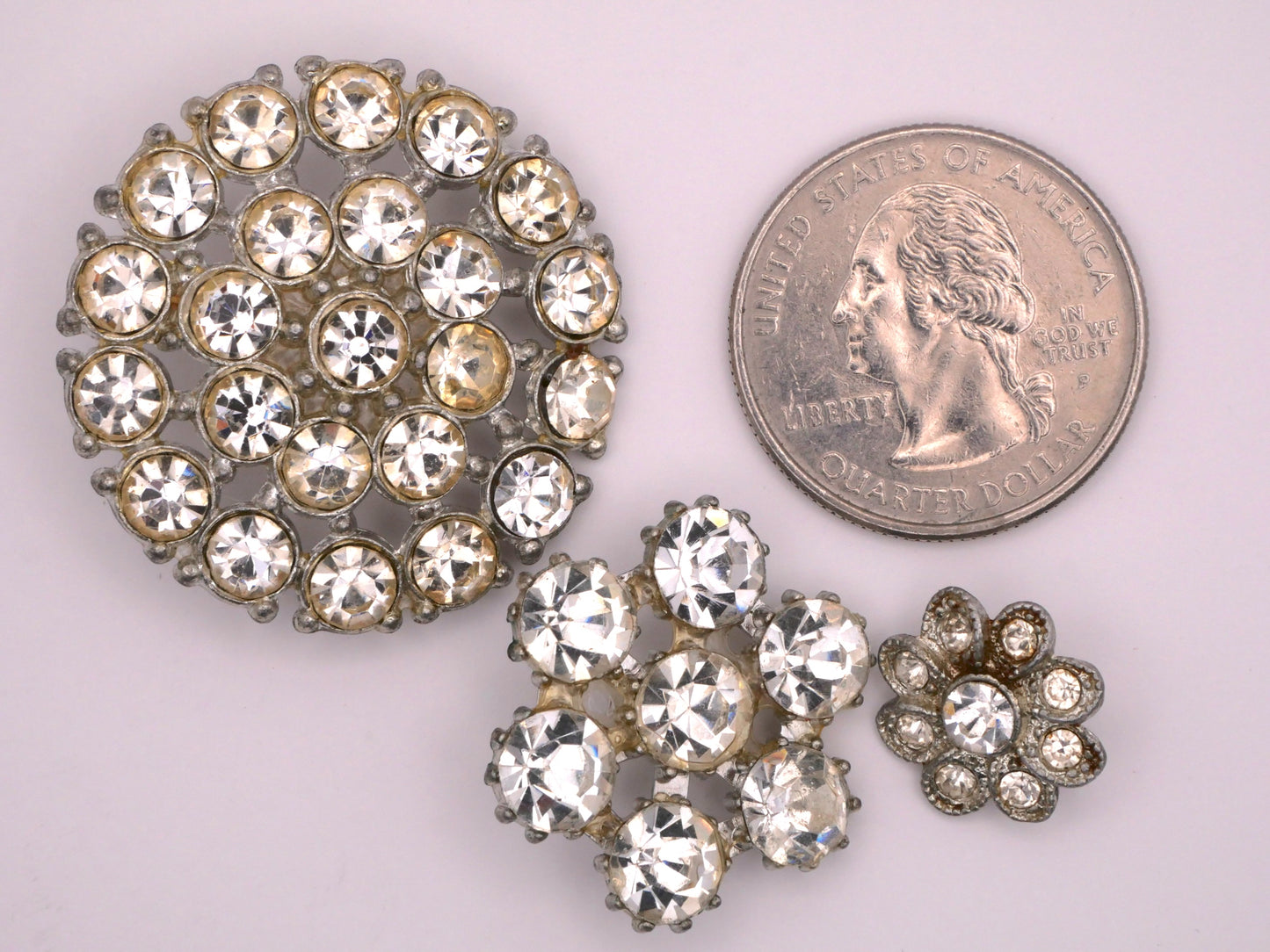 Rhinestone Set Three Circle Flowers Vintage Glass Metal Buttons 14-33mm