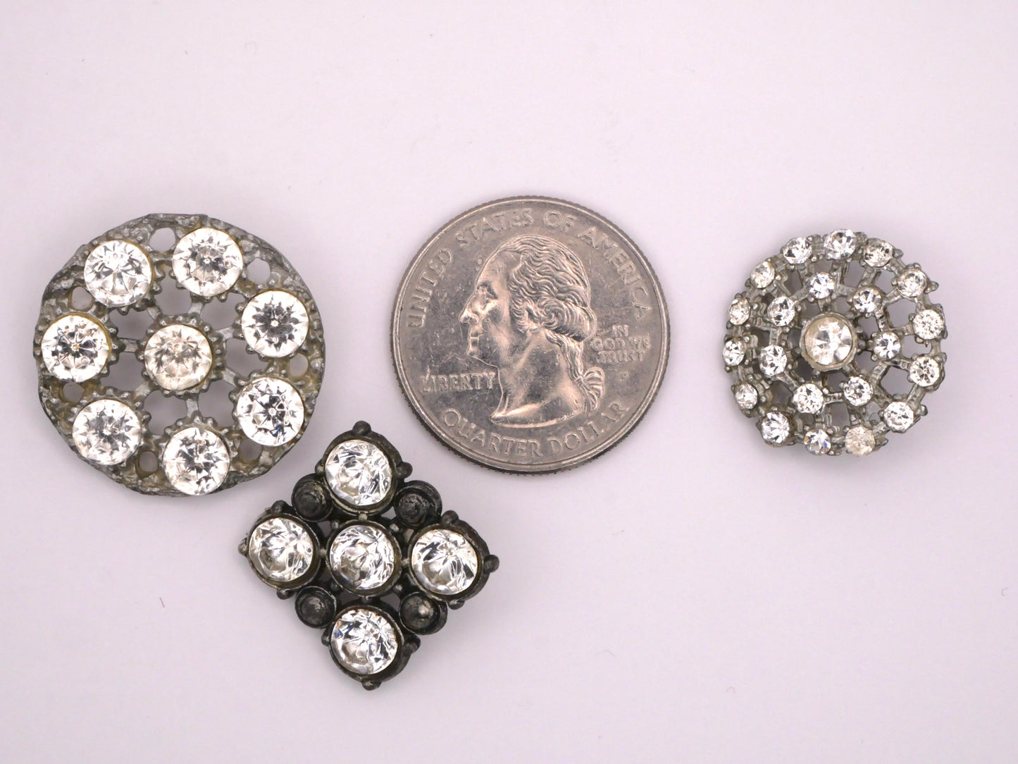 Rhinestone Vintage Spoked Circles Square Glass Metal Set of Three Buttons 18-25mm