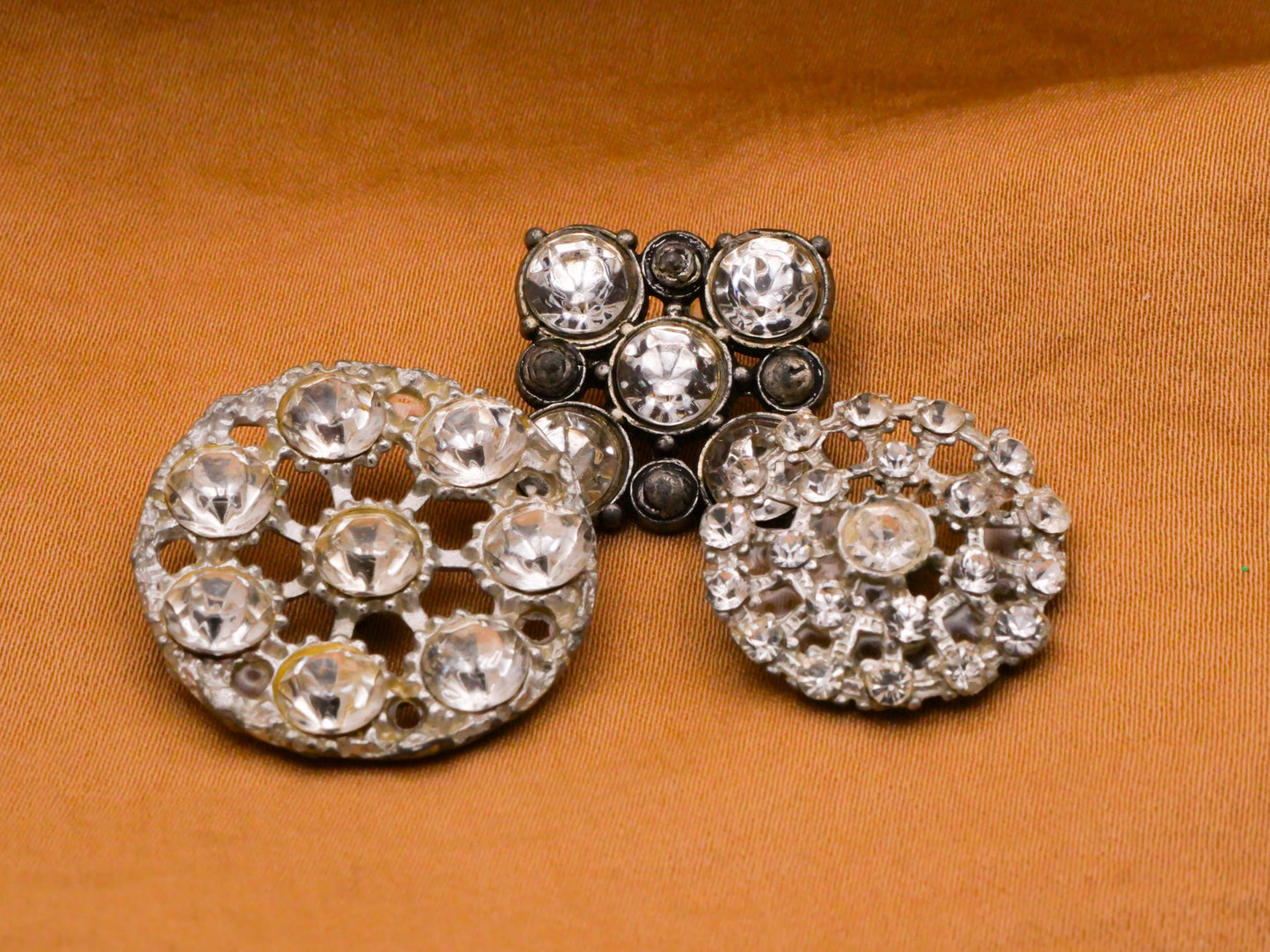 Rhinestone Vintage Spoked Circles Square Glass Metal Set of Three Buttons 18-25mm