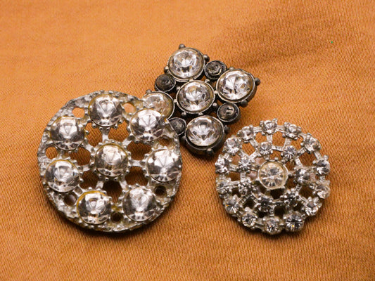 Rhinestone Vintage Spoked Circles Square Glass Metal Set of Three Buttons 18-25mm