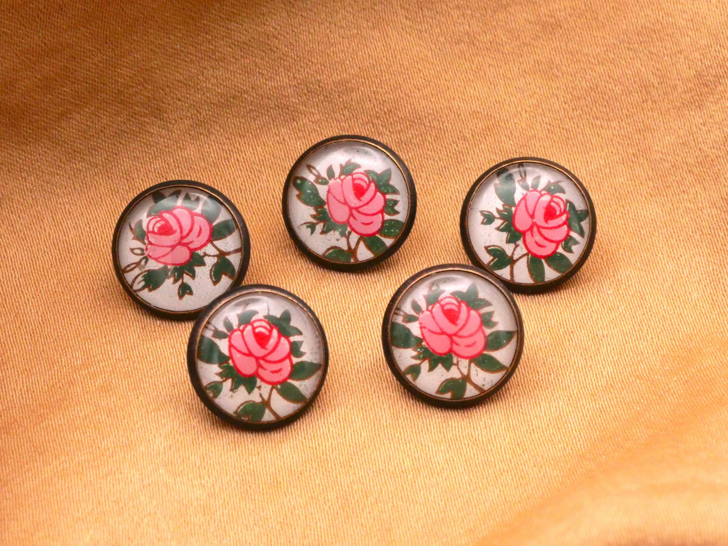 Rose Pink Under Plastic Bronze Metal Small Button 12mm