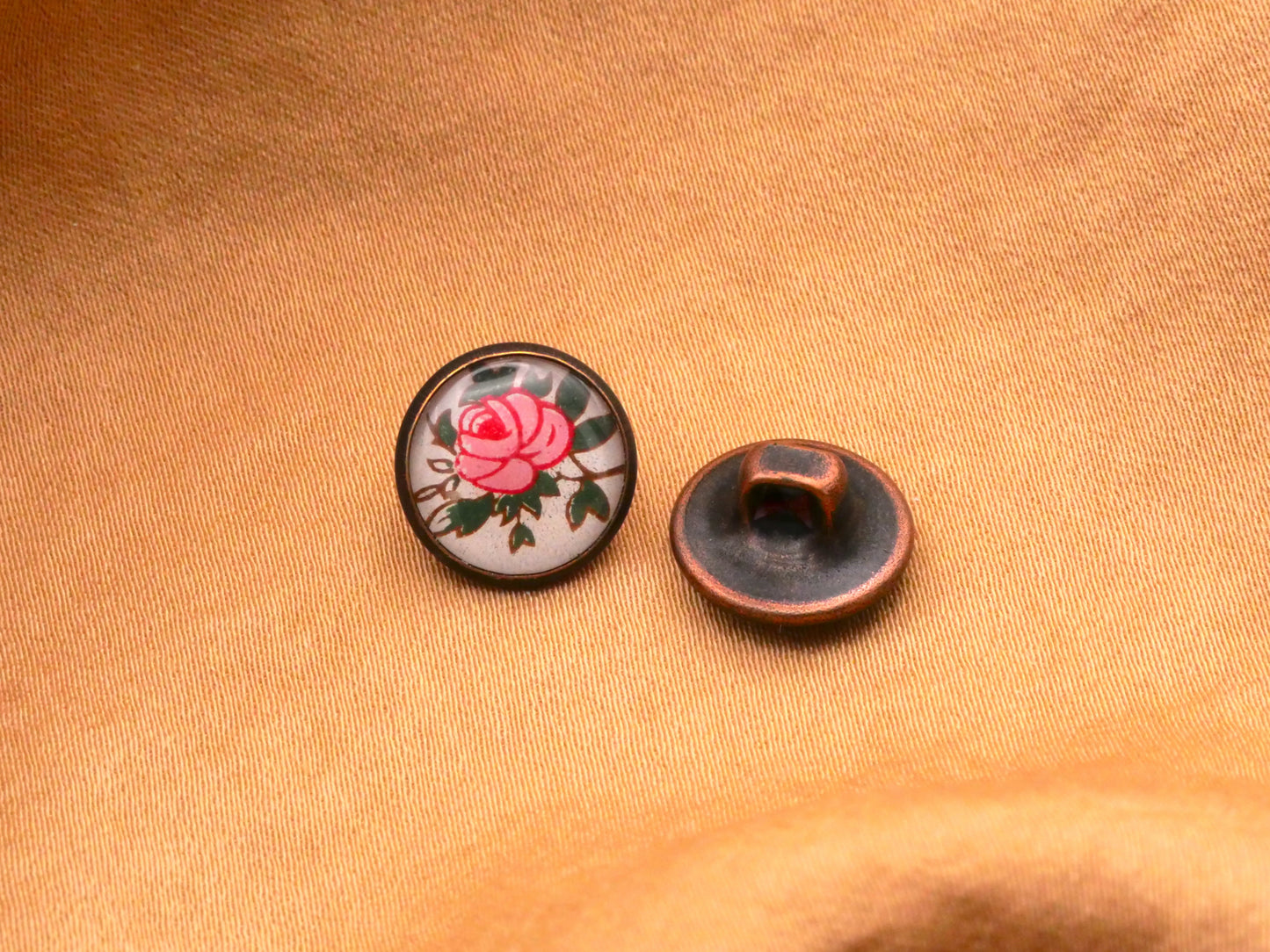 Rose Pink Under Plastic Bronze Metal Small Button 12mm