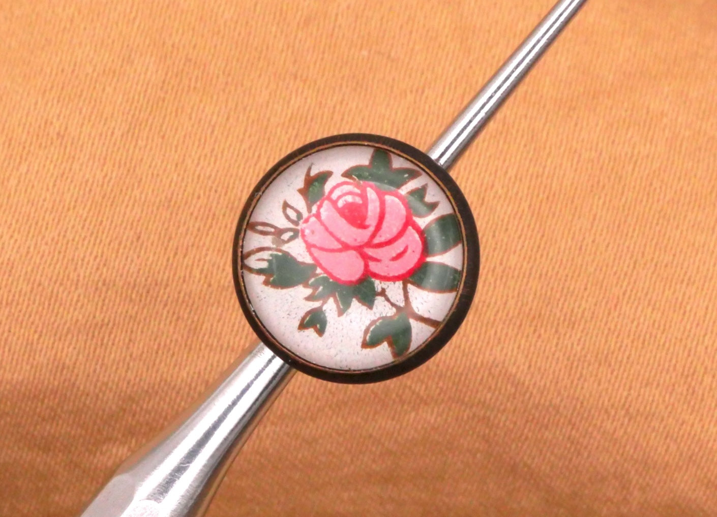 Rose Pink Under Plastic Bronze Metal Small Button 12mm