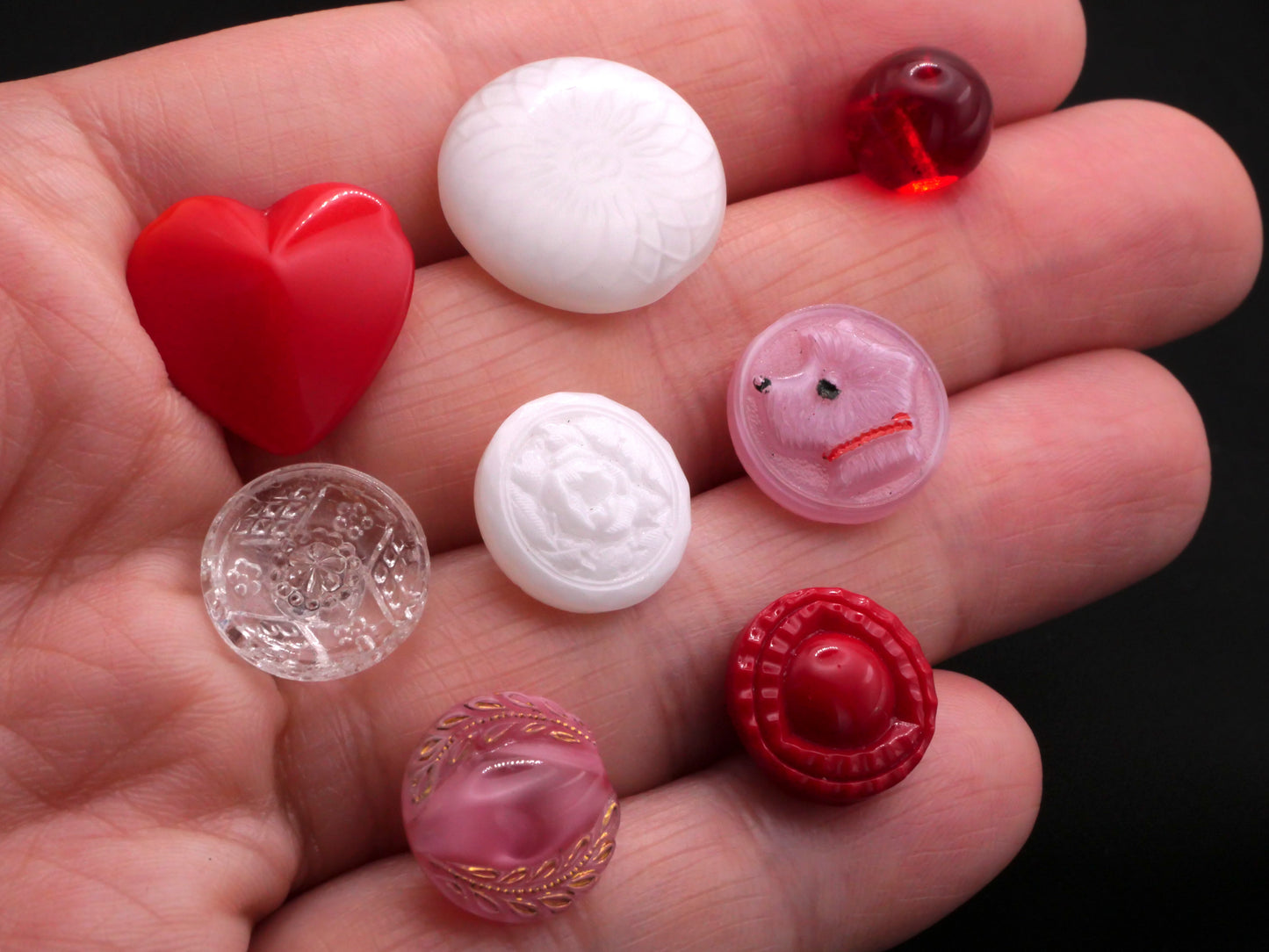 Scottie Dog Heart Glass Pink Red Buttons Set of Eight 9-18mm