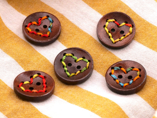 Wood Sewn Heart Buttons Set of Five Colored Thread 20mm