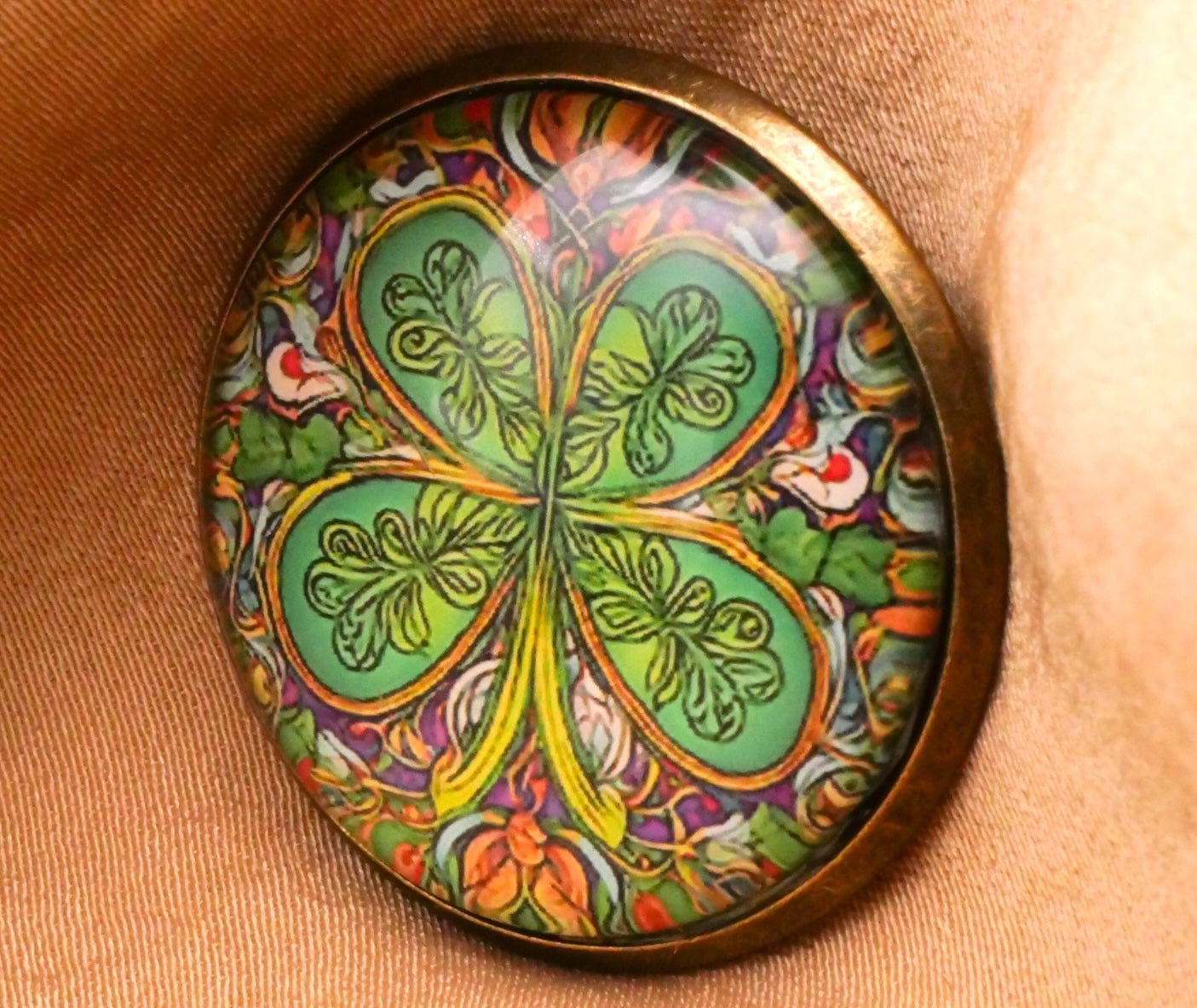 Art Nouveau Colorful Shamrock Clover Glass Dome Button 27mm