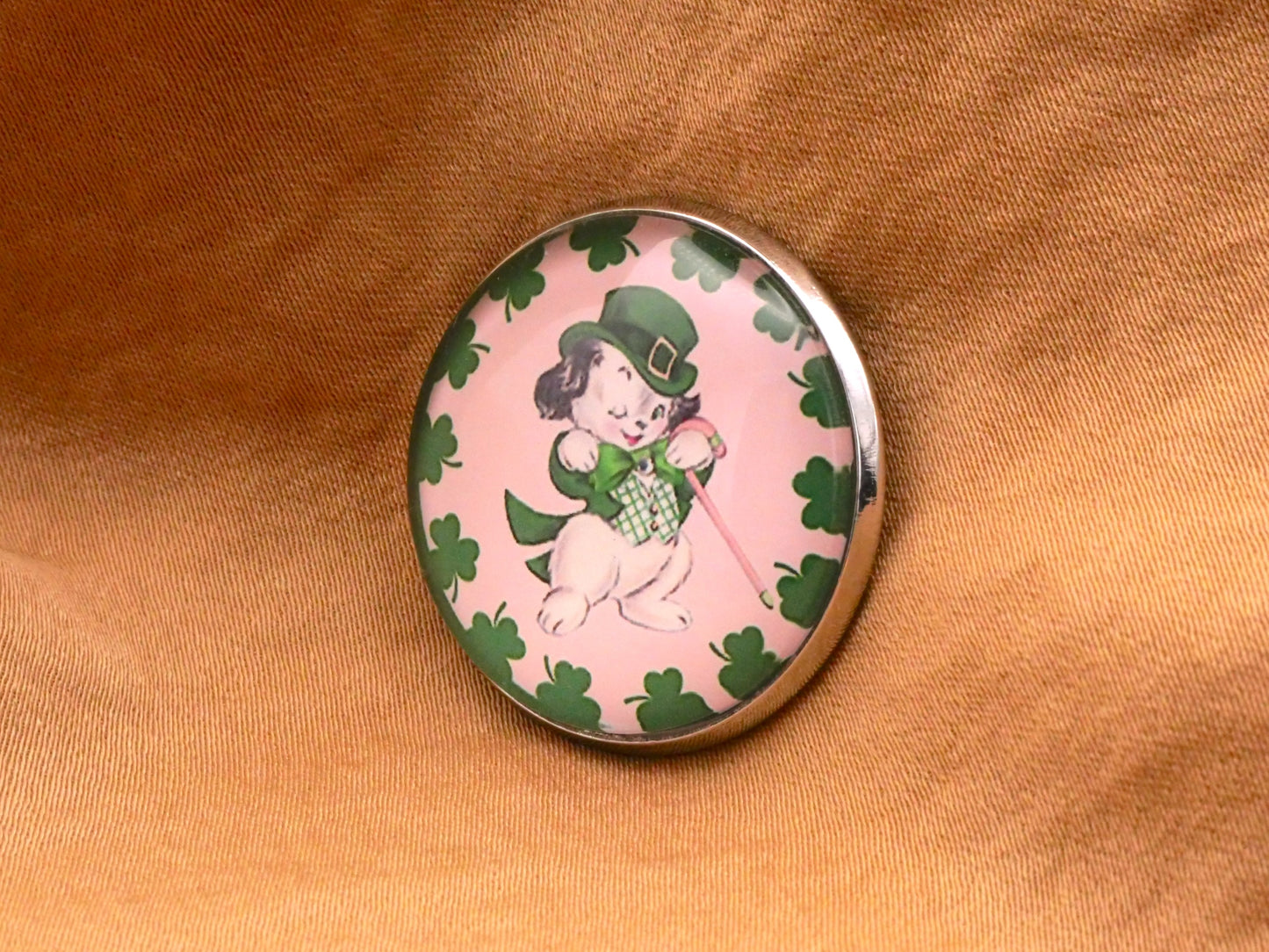 St. Patrick Shamrock Clover Dog Gentlemen Glass Dome Button 27mm