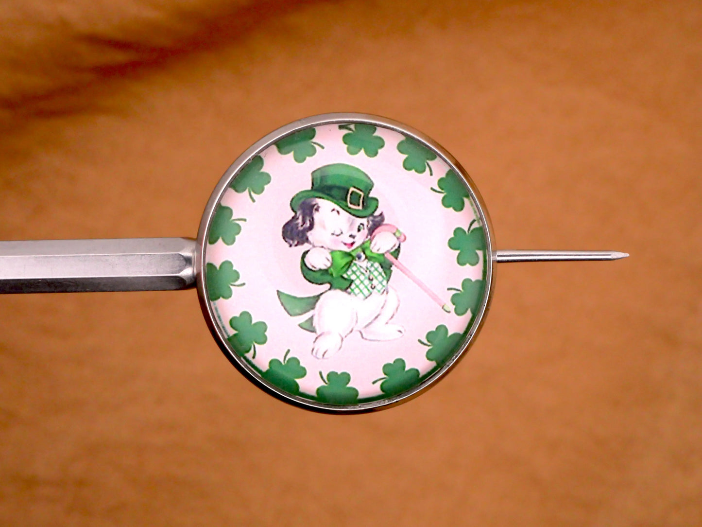 St. Patrick Shamrock Clover Dog Gentlemen Glass Dome Button 27mm