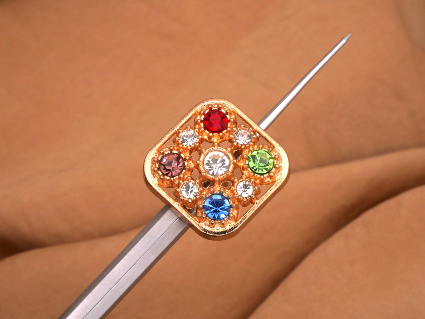 Square Rhinestone Multi Color Glass Gold Metal Button 19mm