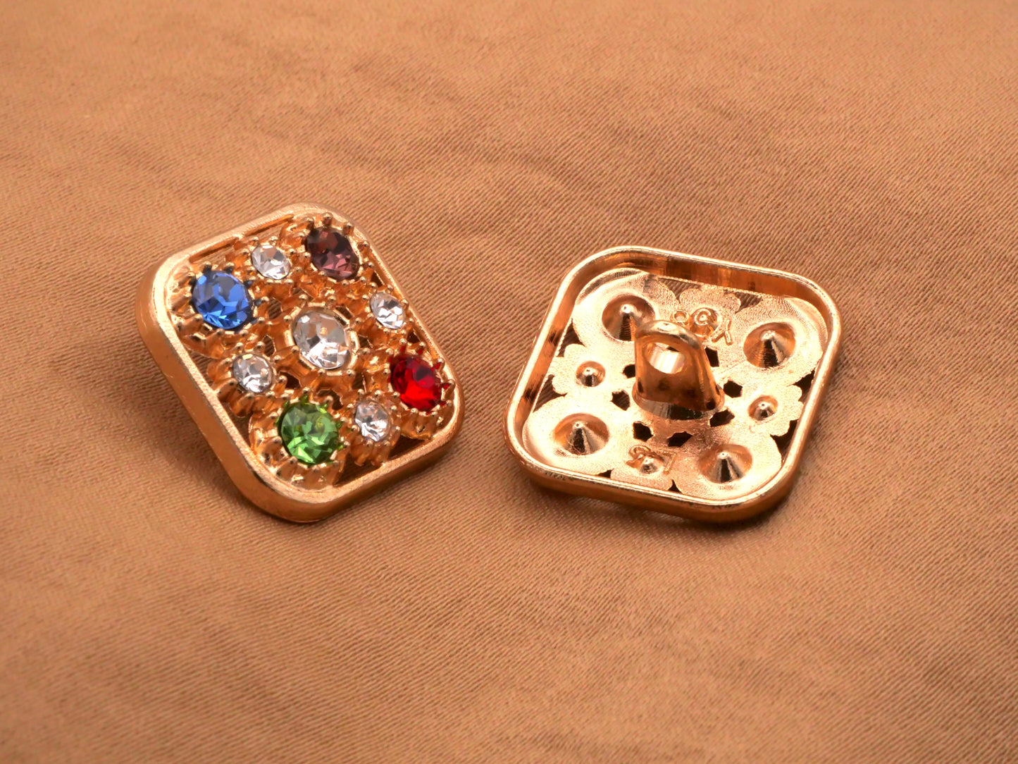 Square Rhinestone Multi Color Glass Gold Metal Button 19mm