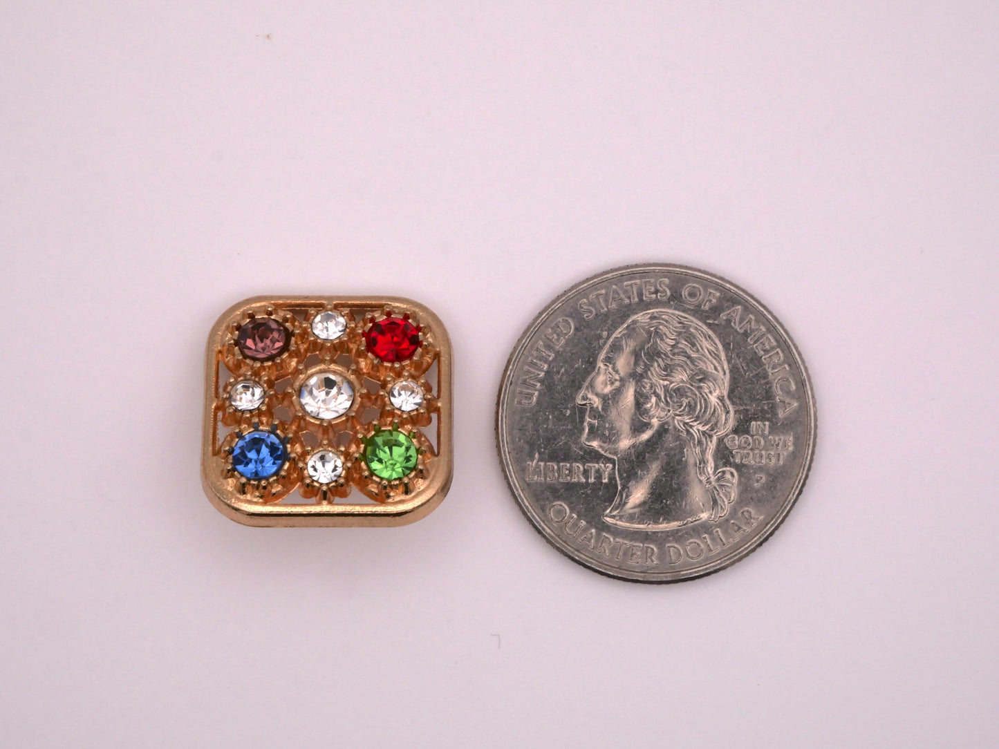 Square Rhinestone Multi Color Glass Gold Metal Button 19mm