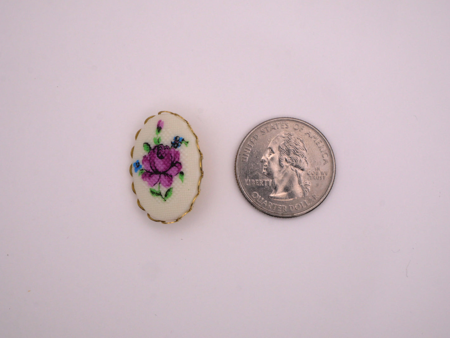 Fuchsia Rose Cameo Button Plastic Looks Like Needlepoint Gold Lace Frame 9x26mm