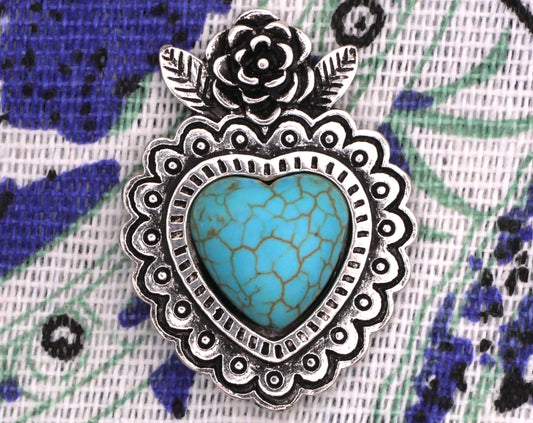 Faux Turquoise Heart and Rose Metal Button 26x34mm