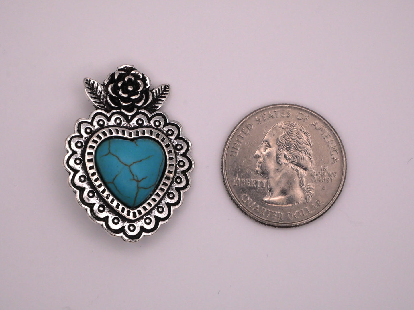 Faux Turquoise Heart and Rose Metal Button 26x34mm