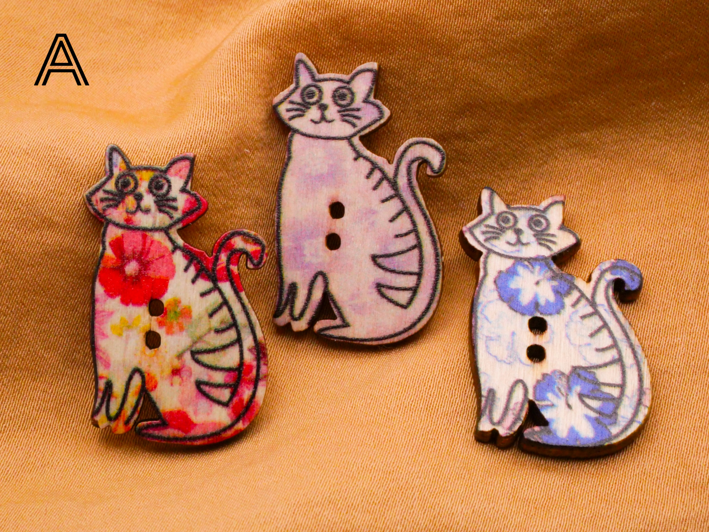 Cat Kitty Pattern Wood Set of Three Buttons Various 19x30mm