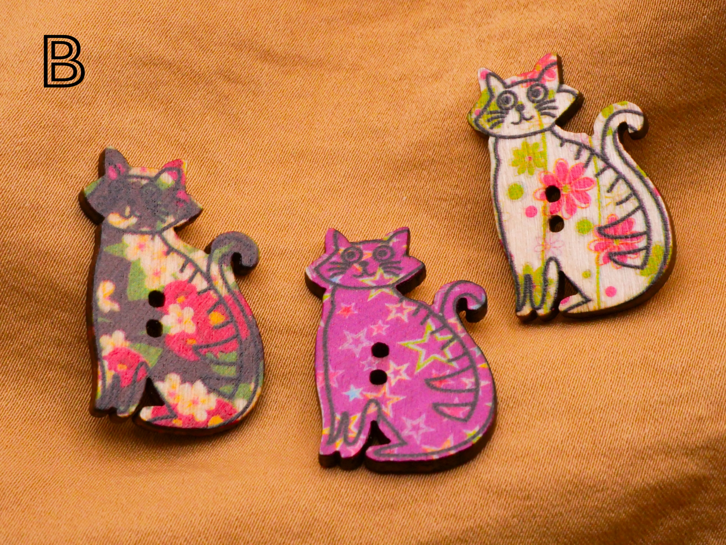 Cat Kitty Pattern Wood Set of Three Buttons Various 19x30mm