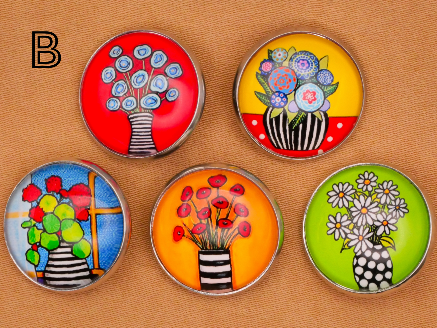 Flower Bouquet Vase Colorful Glass Silver Metal Set of Five Buttons Various 20mm