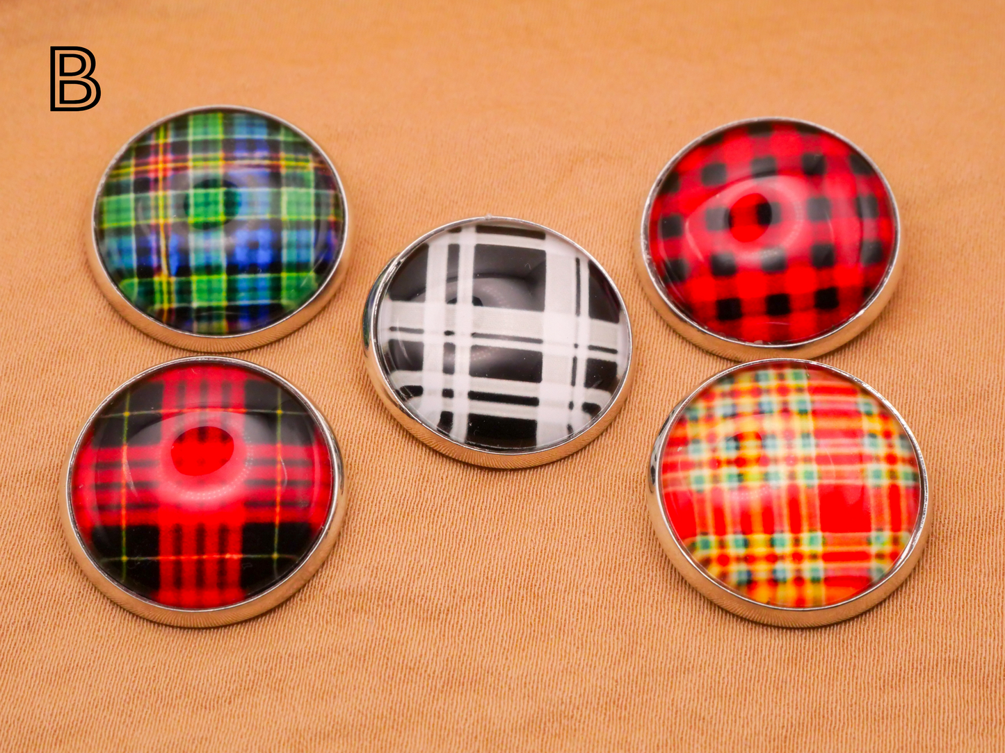 Plaid Designs Glass Dome Silver Metal Set of Five Buttons Various 20mm