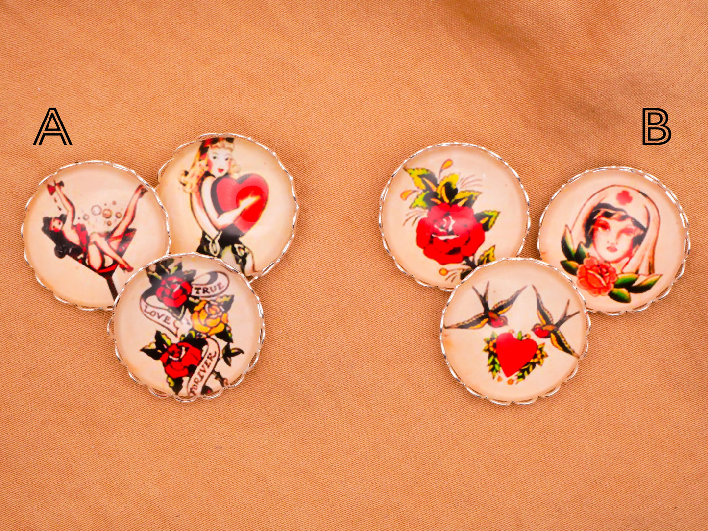 Tattoo Pin Up Girls Nurse Heart Swallows Glass Dome Silver Metal Set of Three Buttons Various 21mm