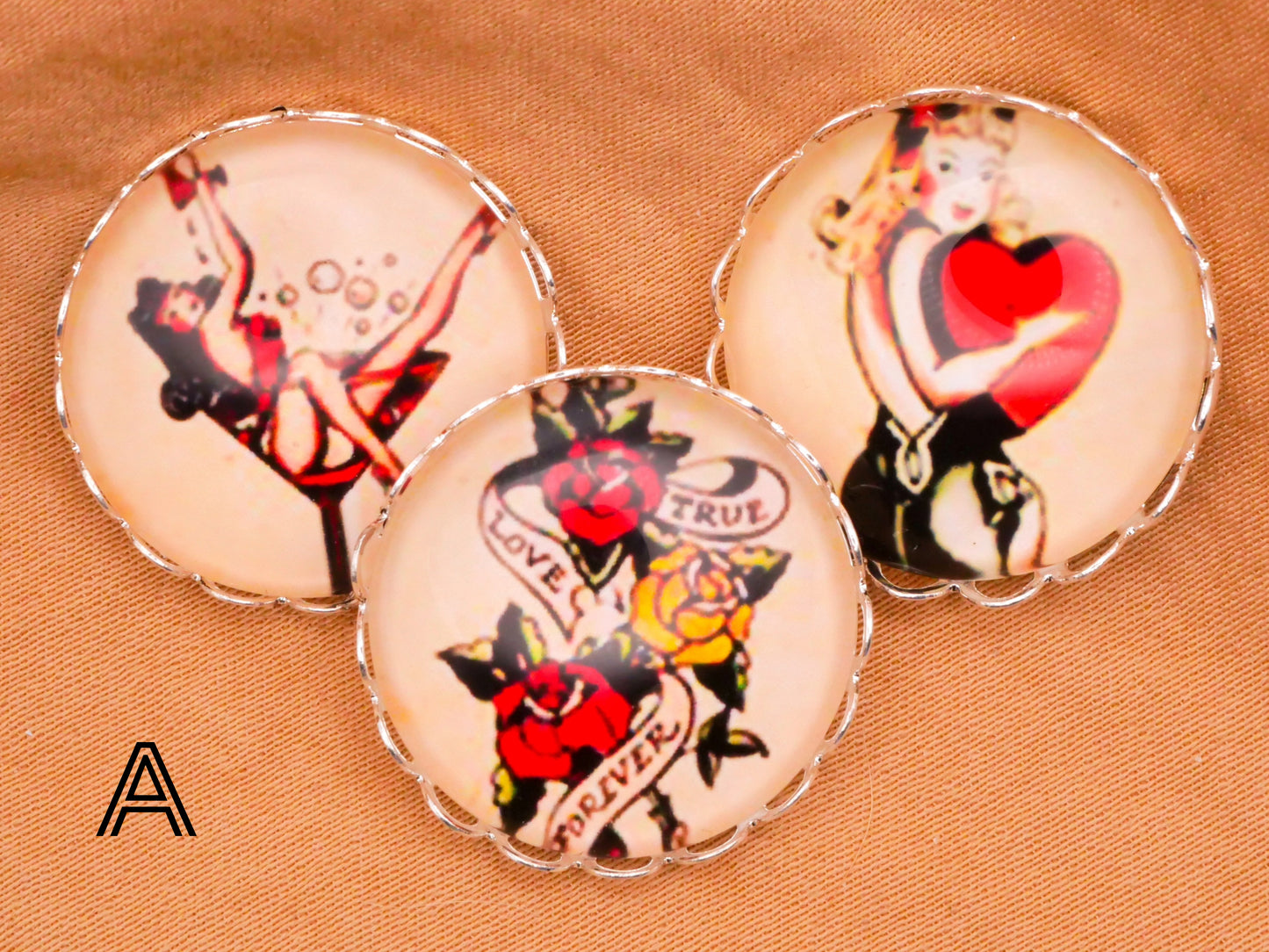 Tattoo Pin Up Girls Nurse Heart Swallows Glass Dome Silver Metal Set of Three Buttons Various 21mm