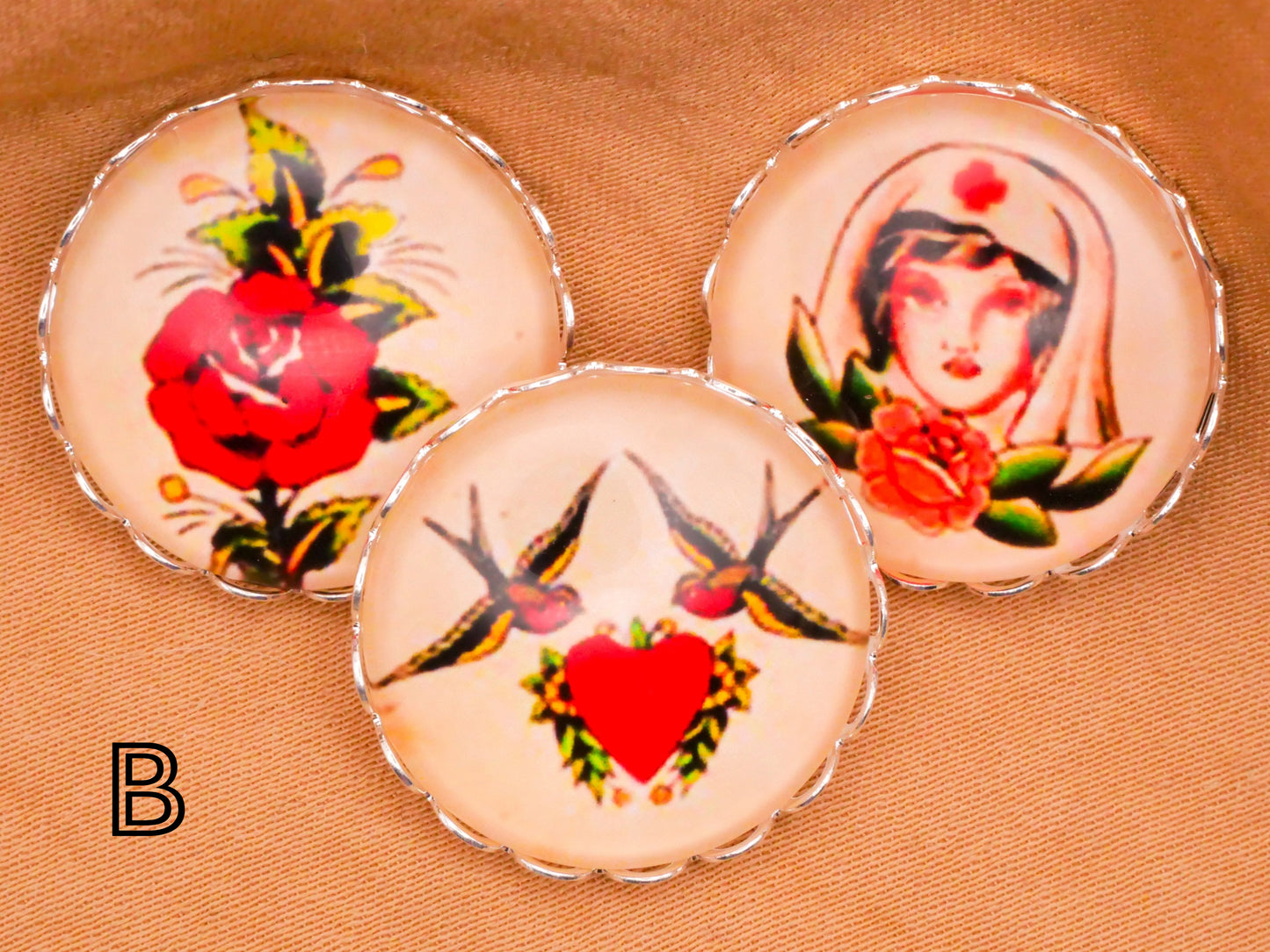 Tattoo Pin Up Girls Nurse Heart Swallows Glass Dome Silver Metal Set of Three Buttons Various 21mm