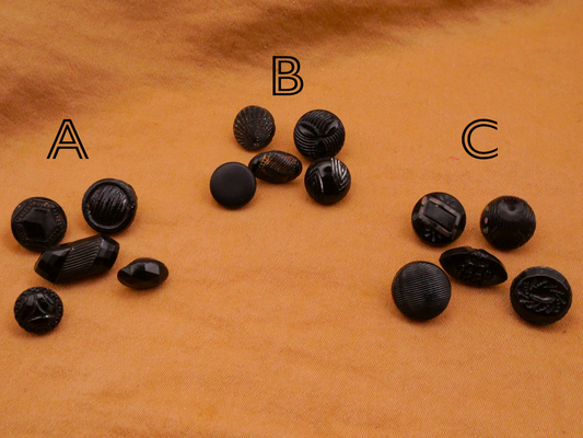 Diminutive and Small Black Glass Set of Five Buttons Various 5-14mm