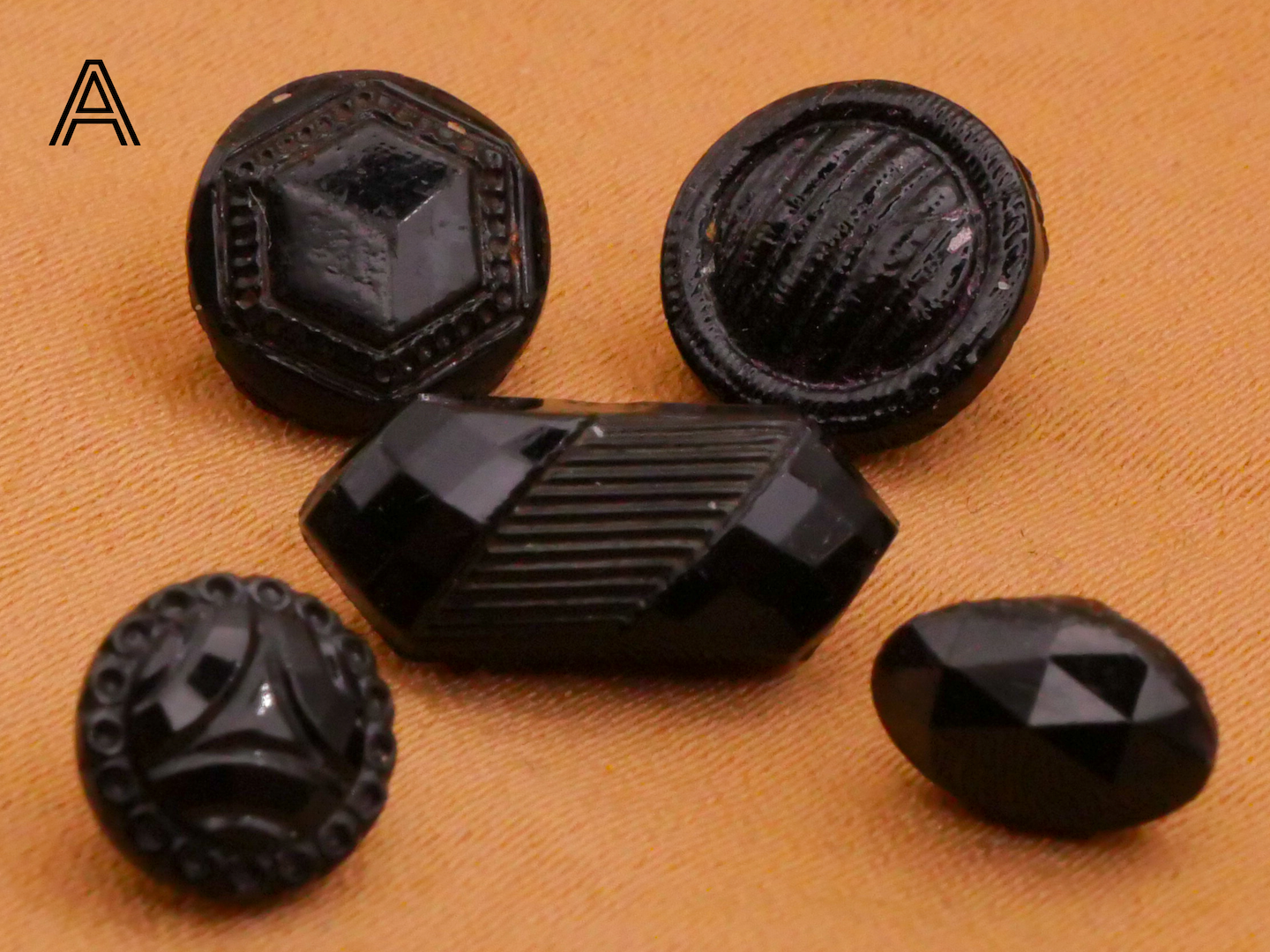 Diminutive and Small Black Glass Set of Five Buttons Various 5-14mm