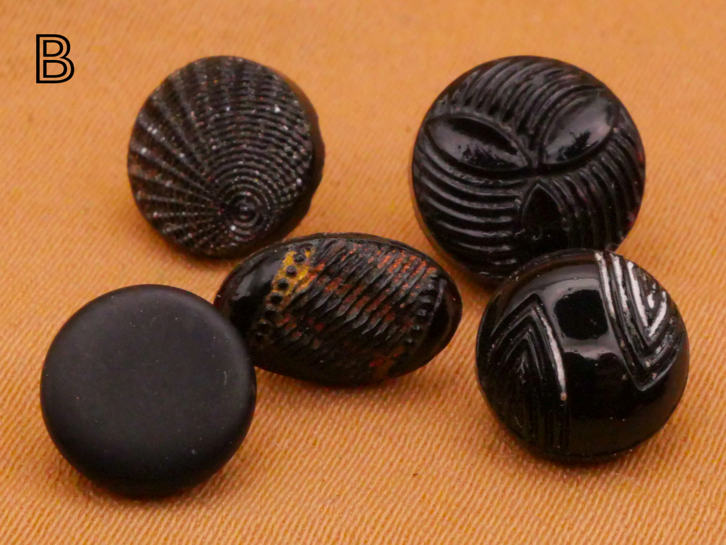 Diminutive and Small Black Glass Set of Five Buttons Various 5-14mm