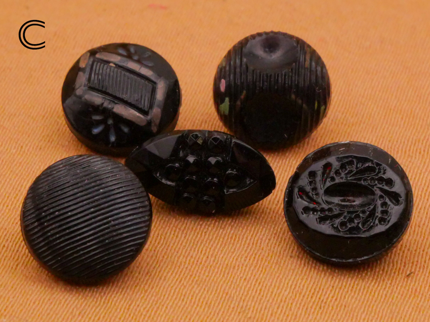 Diminutive and Small Black Glass Set of Five Buttons Various 5-14mm