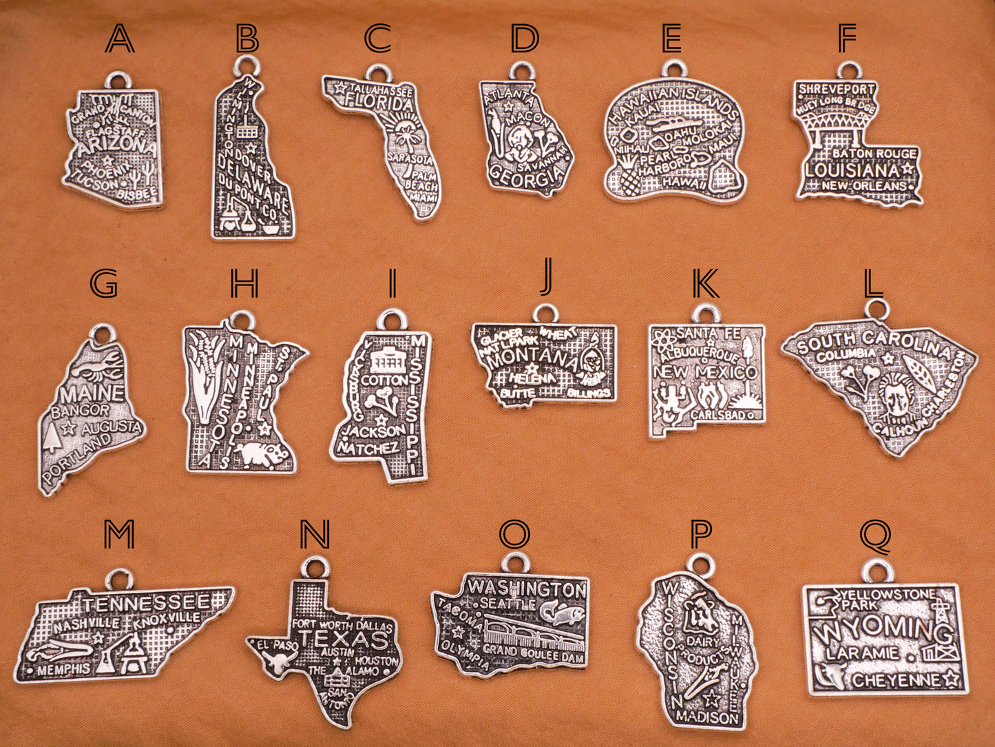 US States Double-Sided Silver Colored Metal Charm Embellishment Various 12-27mm