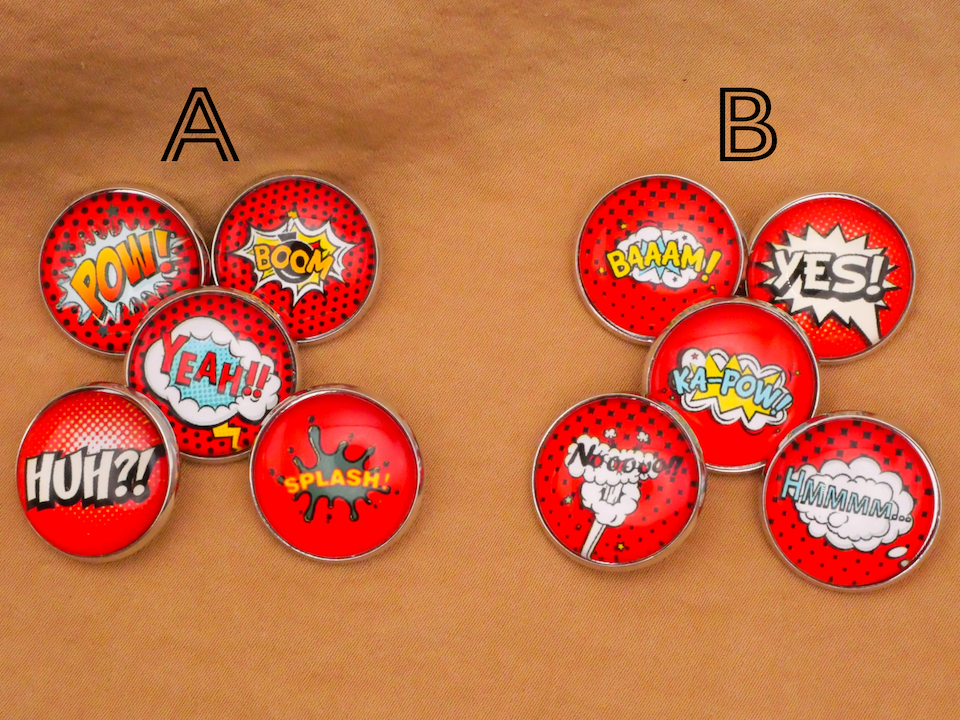 Comic Book Speech Bubble Glass Silver Metal Set of Five Button Various 20mm